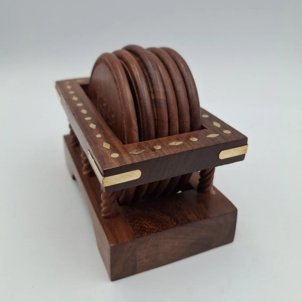 Kapasi Handcrafted Wooden Coaster Set of‎ 6 & Holder Carved Flower Brass Inlay